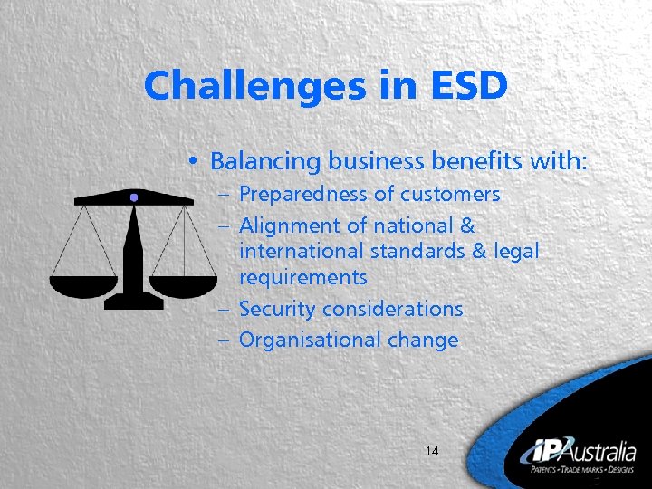 Challenges in ESD • Balancing business benefits with: – Preparedness of customers – Alignment