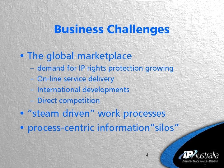 Business Challenges • The global marketplace – – demand for IP rights protection growing