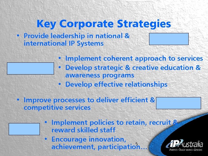 Key Corporate Strategies • Provide leadership in national & international IP Systems • Implement
