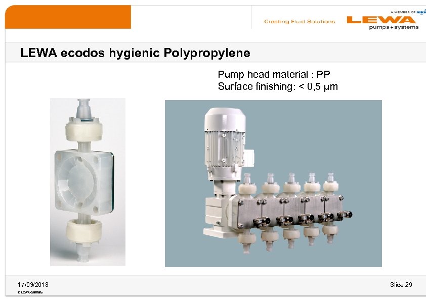 LEWA ecodos hygienic Polypropylene Pump head material : PP Surface finishing: < 0, 5