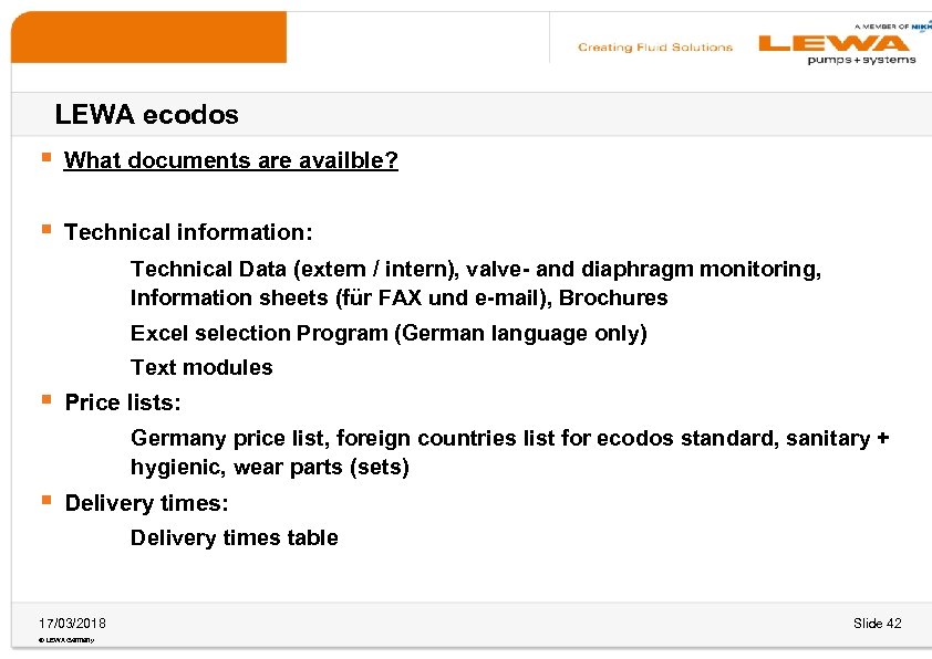 LEWA ecodos § What documents are availble? § Technical information: Technical Data (extern /