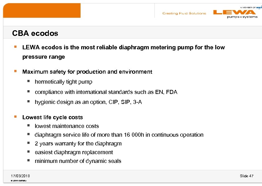 CBA ecodos § LEWA ecodos is the most reliable diaphragm metering pump for the