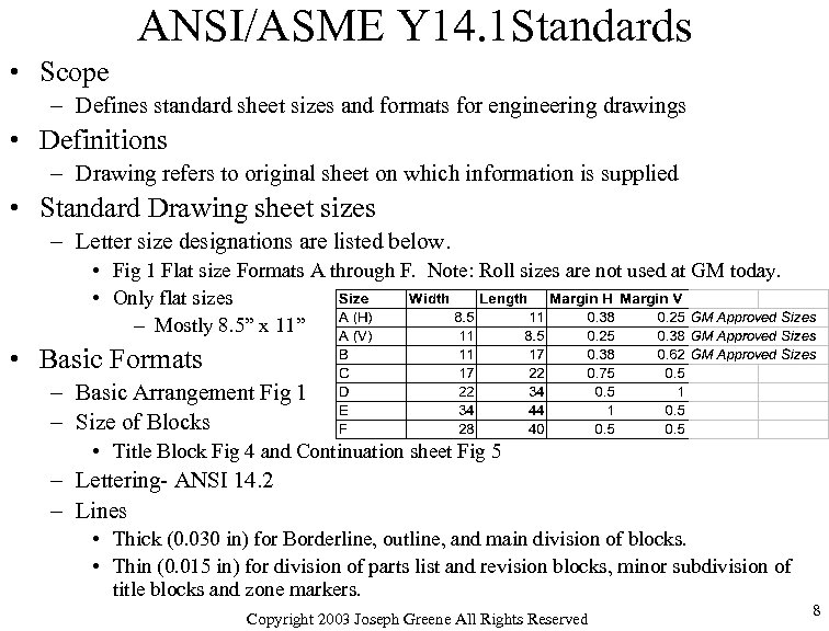 ANSI/ASME Y 14. 1 Standards • Scope – Defines standard sheet sizes and formats