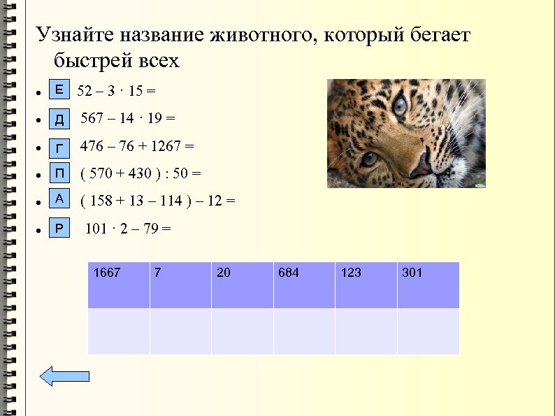 Узнайте название животного, который бегает быстрей всех 52 – 3 · 15 = Е