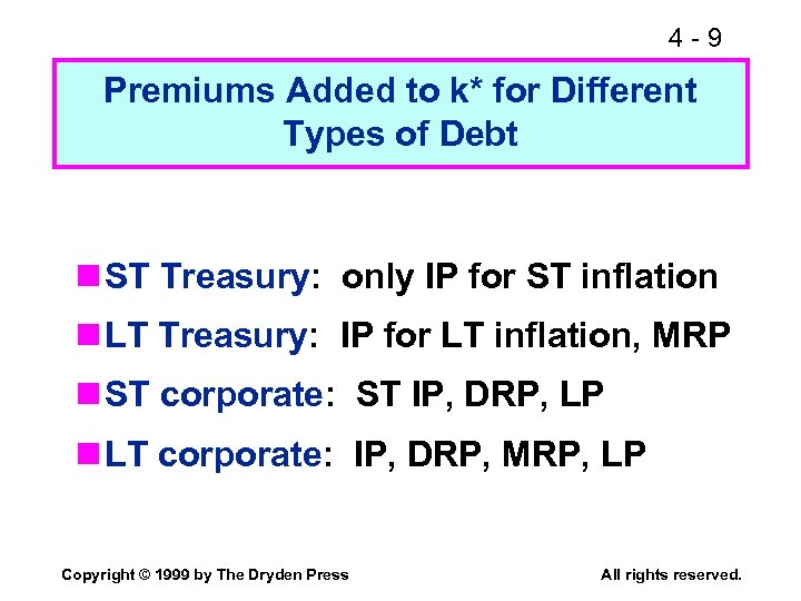 4 -9 Premiums Added to k* for Different Types of Debt n ST Treasury: