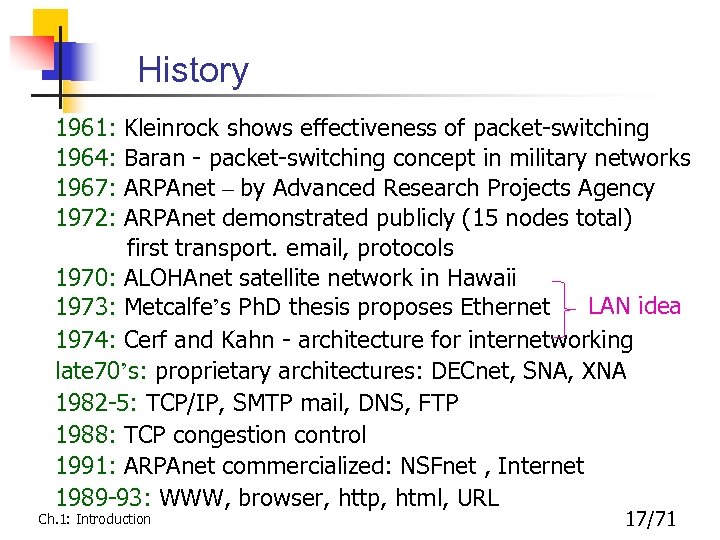 History 1961: 1964: 1967: 1972: Kleinrock shows effectiveness of packet-switching Baran - packet-switching concept