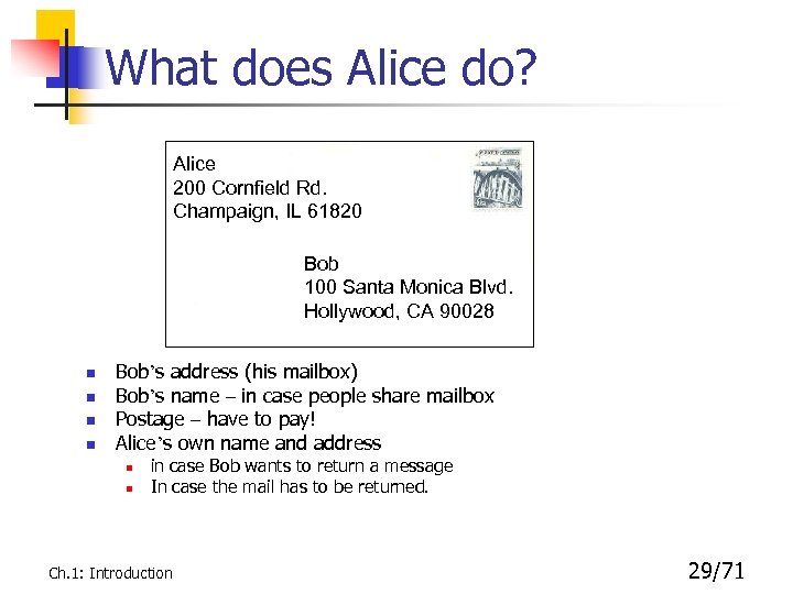 What does Alice do? Alice 200 Cornfield Rd. Champaign, IL 61820 Bob 100 Santa