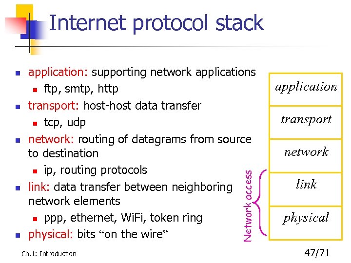 Internet protocol stack n n application: supporting network applications n ftp, smtp, http transport: