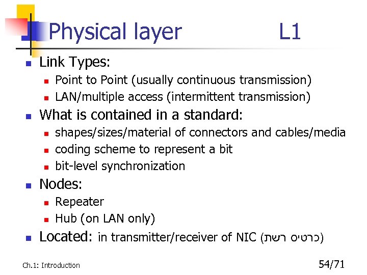 Physical layer n Link Types: n n n shapes/sizes/material of connectors and cables/media coding