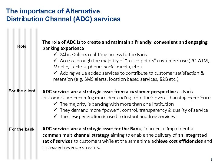 The importance of Alternative Distribution Channel (ADC) services Role The role of ADC is