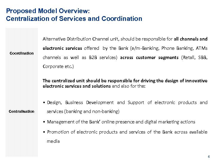 Proposed Model Overview: Centralization of Services and Coordination Alternative Distribution Channel unit, should be