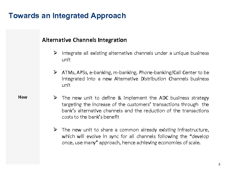 Towards an Integrated Approach Alternative Channels Integration Ø Integrate all existing alternative channels under