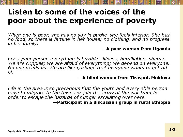 Listen to some of the voices of the poor about the experience of poverty