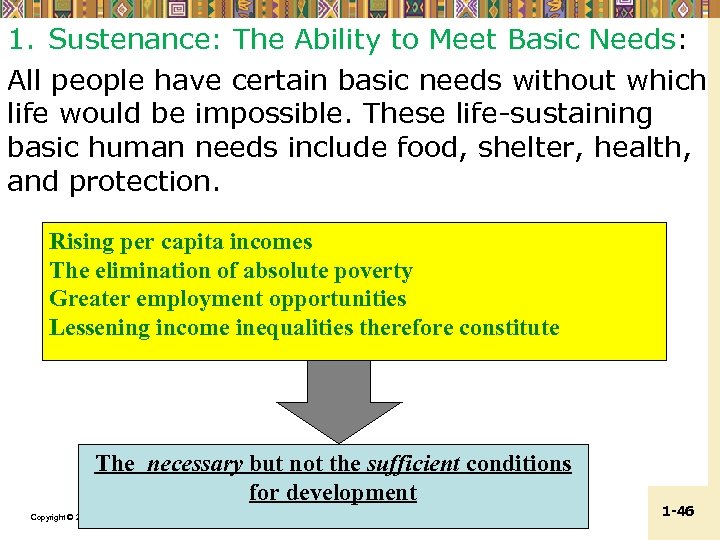 1. Sustenance: The Ability to Meet Basic Needs: All people have certain basic needs