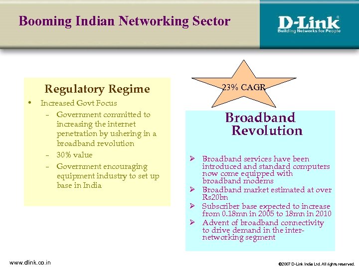 Booming Indian Networking Sector Regulatory Regime • Increased Govt Focus – Government committed to