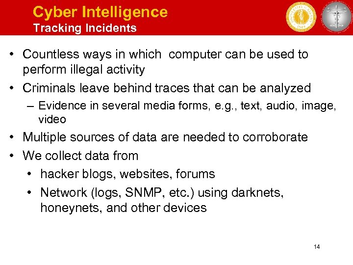 Cyber Intelligence Tracking Incidents • Countless ways in which computer can be used to