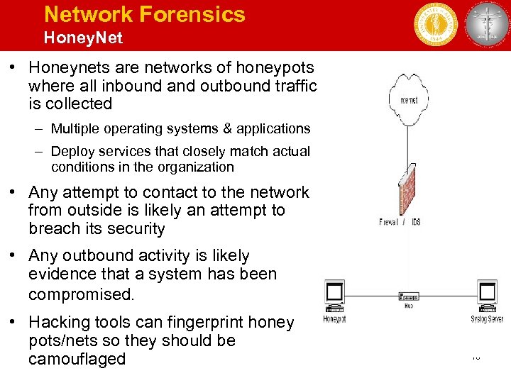 Network Forensics Honey. Net • Honeynets are networks of honeypots where all inbound and