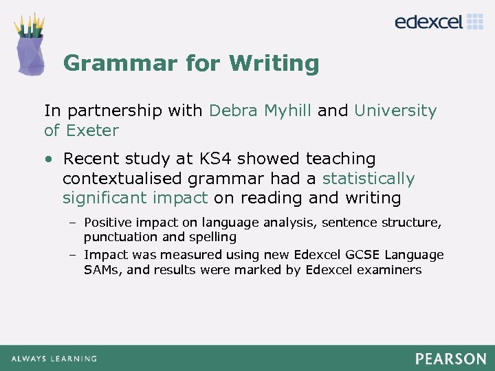 Grammar for Writing Click to edit Master title style In partnership with Debra Myhill