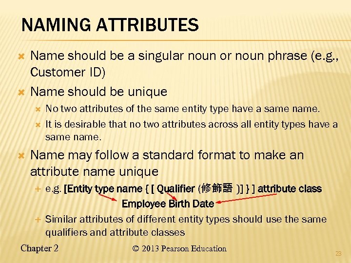 NAMING ATTRIBUTES Name should be a singular noun or noun phrase (e. g. ,