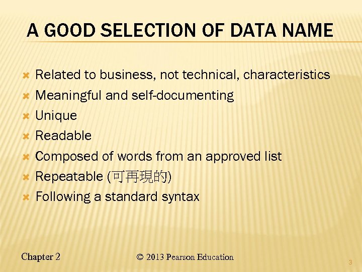 A GOOD SELECTION OF DATA NAME Related to business, not technical, characteristics Meaningful and