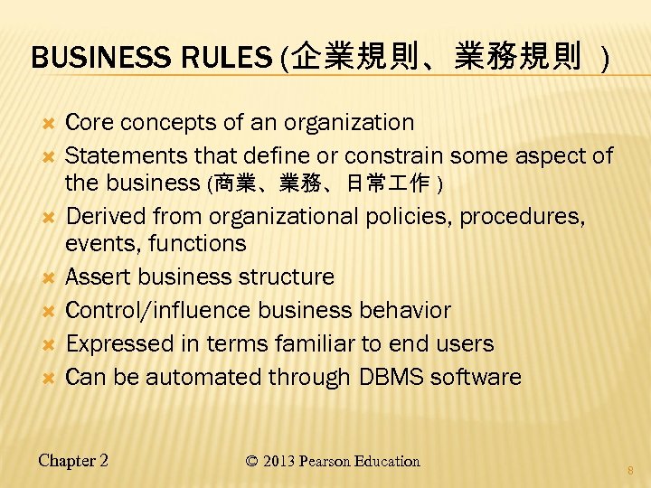 BUSINESS RULES (企業規則、業務規則 ) Core concepts of an organization Statements that define or constrain