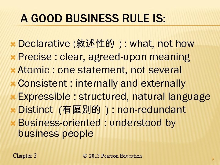 A GOOD BUSINESS RULE IS: Declarative (敘述性的 ) : what, not how Precise :