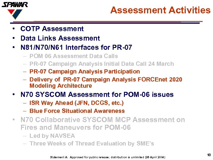 Assessment Activities • COTP Assessment • Data Links Assessment • N 81/N 70/N 61