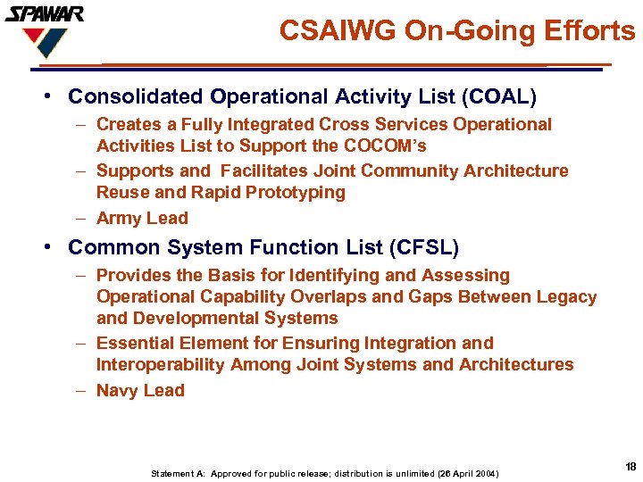 CSAIWG On-Going Efforts • Consolidated Operational Activity List (COAL) – Creates a Fully Integrated