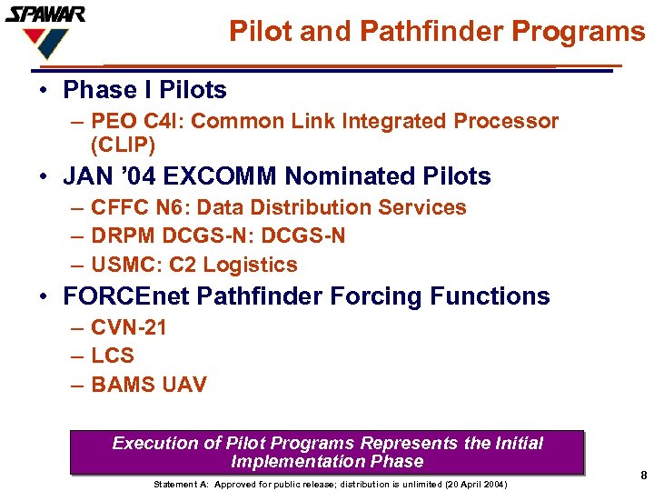 Pilot and Pathfinder Programs • Phase I Pilots – PEO C 4 I: Common