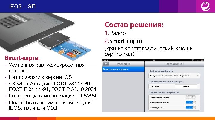 i. EOS – ЭП Состав решения: 1. Ридер 2. Smart-карта: - Усиленная квалифицированная подпись