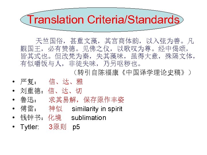 Translation Criteria/Standards 天竺国俗，甚重文藻，其宫商体韵，以入弦为善。凡 觐国王，必有赞德。见佛之仪，以歌叹为尊。经中偈颂， 皆其式也。但改梵为秦，失其藻味，虽得大意，殊隔文体， 有似嚼饭与人，非徒失味，乃另呕秽也。 （转引自陈福康《中国译学理论史稿》） • 严复： 信、达、雅 • 刘重德：信、达、切 • 鲁迅：