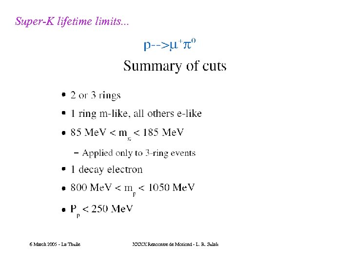 Super-K lifetime limits. . . 6 March 2005 - La Thuile XXXX Rencontre de