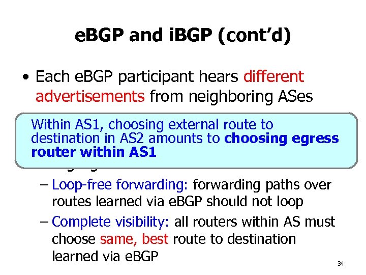 e. BGP and i. BGP (cont’d) • Each e. BGP participant hears different advertisements