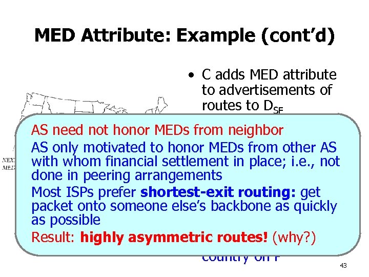 MED Attribute: Example (cont’d) • C adds MED attribute to advertisements of routes to