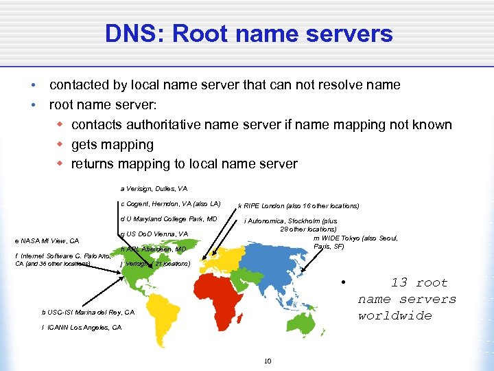 DNS: Root name servers • contacted by local name server that can not resolve