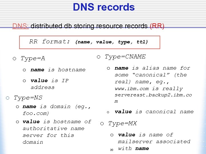 DNS records DNS: distributed db storing resource records (RR) RR format: (name, value, type,
