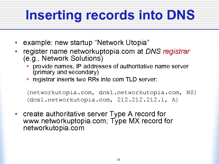 Inserting records into DNS • example: new startup “Network Utopia” • register name networkuptopia.
