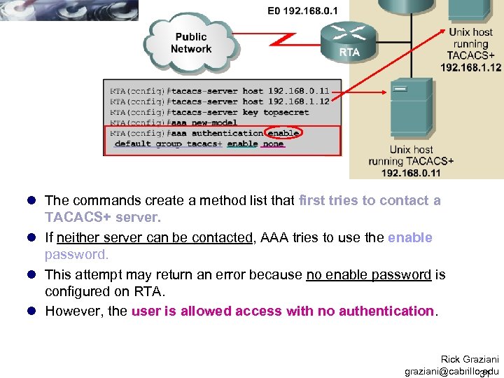 l The commands create a method list that first tries to contact a TACACS+