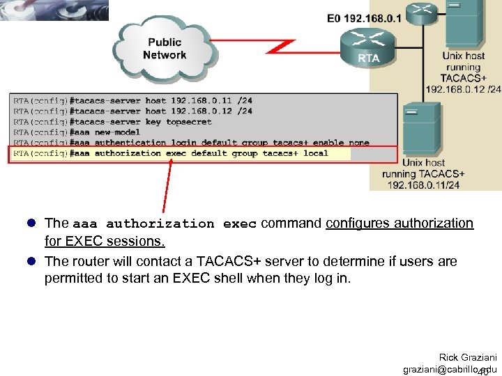 l The aaa authorization exec command configures authorization for EXEC sessions. l The router