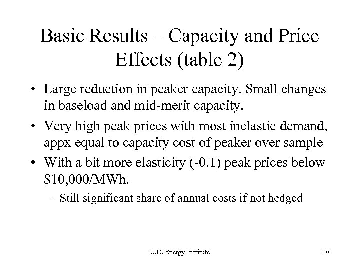 Basic Results – Capacity and Price Effects (table 2) • Large reduction in peaker