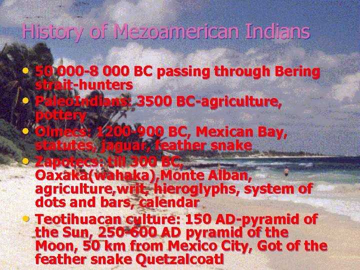 History of Mezoamerican Indians • 50 000 -8 000 BC passing through Bering •