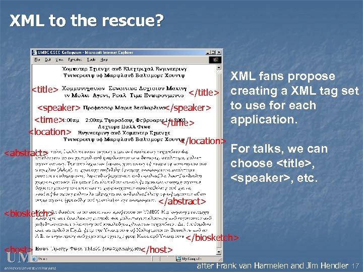 XML to the rescue? <title> <speaker> <time> <location> </title> </speaker> </time> </location> <abstract> XML