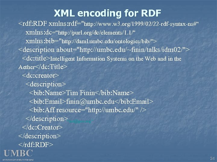 XML encoding for RDF <rdf: RDF xmlns: rdf="http: //www. w 3. org/1999/02/22 -rdf-syntax-ns#" xmlns: