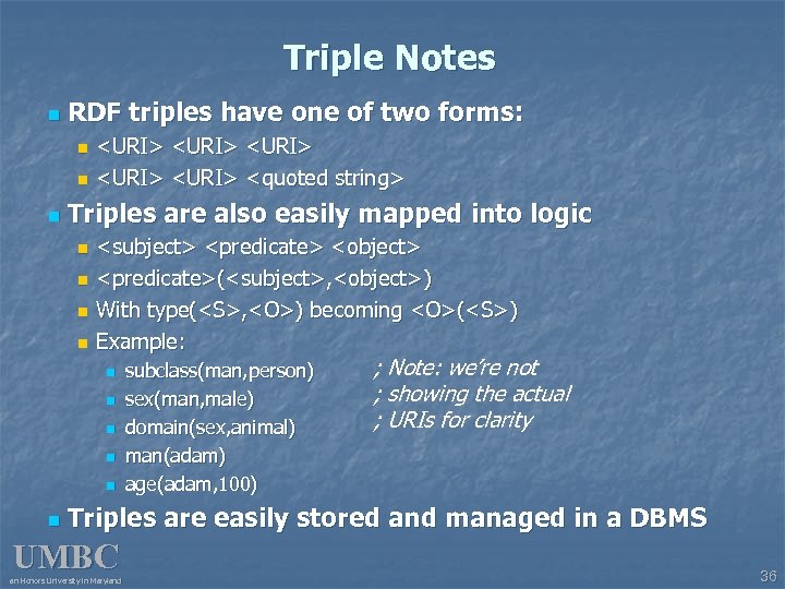 Triple Notes n RDF triples have one of two forms: n n n <URI>