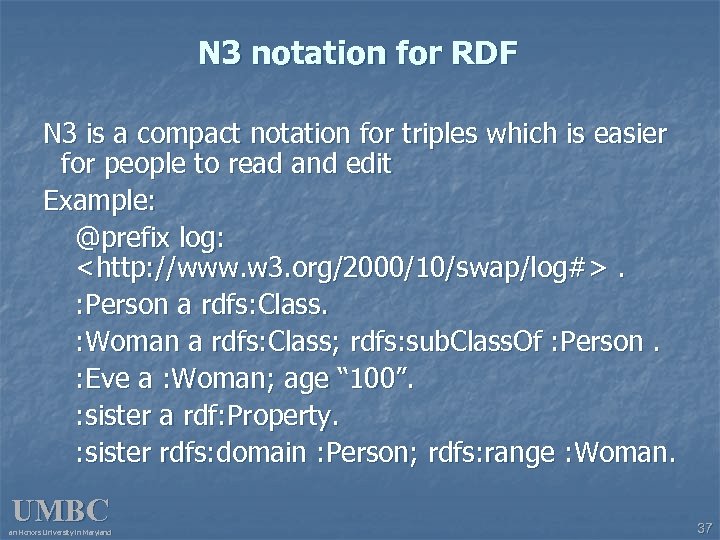 N 3 notation for RDF N 3 is a compact notation for triples which