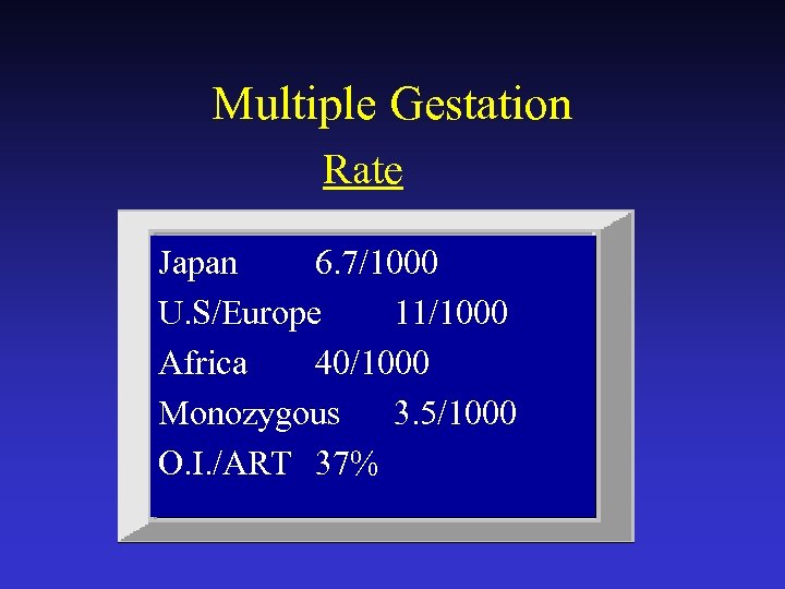 Multiple Gestation Rate Japan 6. 7/1000 U. S/Europe 11/1000 Africa 40/1000 Monozygous 3. 5/1000