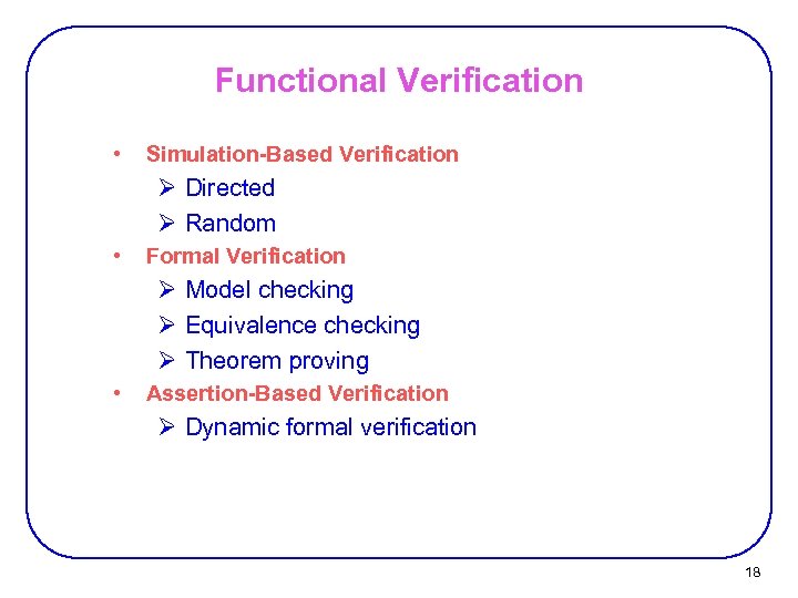 Functional Verification • Simulation-Based Verification Ø Directed Ø Random • Formal Verification Ø Model