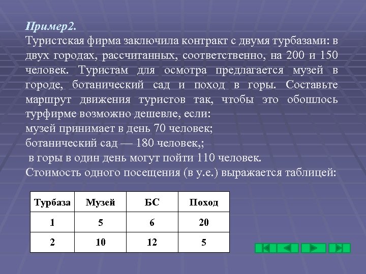 Пример2. Туристская фирма заключила контракт с двумя турбазами: в двух городах, рассчитанных, соответственно, на