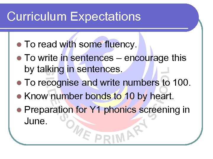 Curriculum Expectations l To read with some fluency. l To write in sentences –