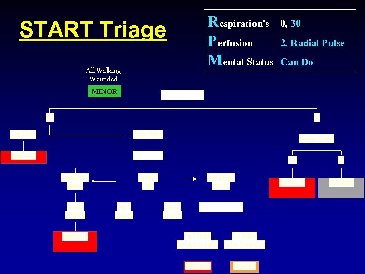 START Triage All Walking Wounded MINOR Respiration's 0, 30 Perfusion 2, Radial Pulse Mental
